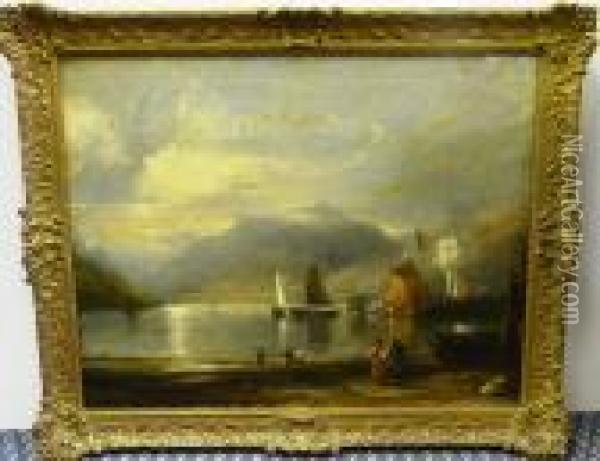 Mountainous Lake Scene With Figures Unloading Fishing Boats Oil Painting - Sir Augustus Wall Callcott