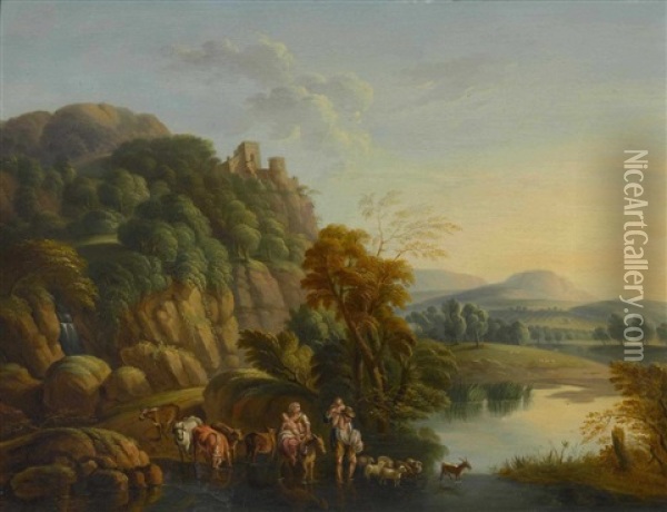 Rheinlandschaft. Flussuberquerung Einer Bauernfamilie Mit Ihrem Vieh Oil Painting - Johann Caspar Schneider