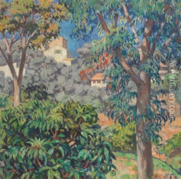 Villas Vues A Travers Les Eucalyptus, La Mortola Oil Painting - Theo van Rysselberghe