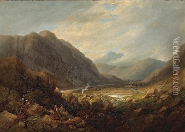 An Extensive View Of A Valley With Two Figures Resting In The Foreground Oil Painting - John Wilson Carmichael