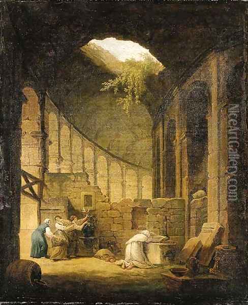 A hermit praying before an altar in a ruined chapel, with three woman offering flowers Oil Painting - Hubert Robert