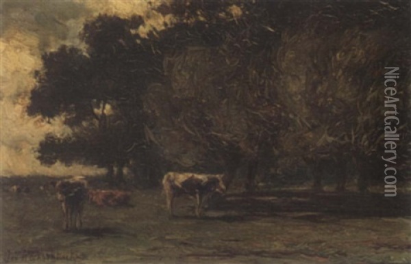 Cows In A Landscape Oil Painting - Johannes Hermanus Barend Koekkoek