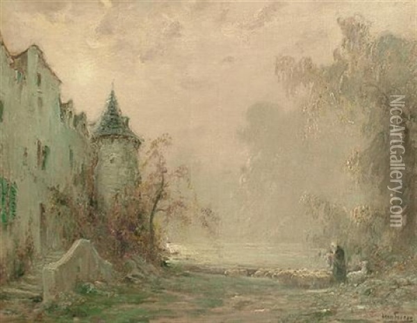 Landscape With Castle And Sheep Oil Painting - Henri-Louis Foreau