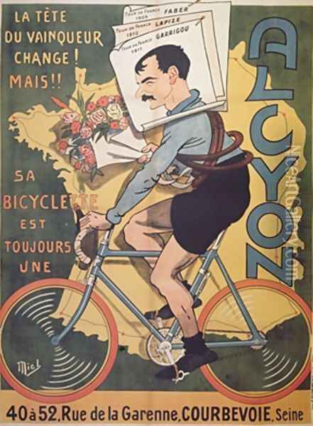 Poster advertising Alcyon cycles with the winners of Tour de France Faber 1909 Oil Painting - Michel, called Mich Liebeaux