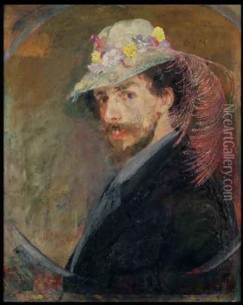 Self Portrait in a Hat with Flowers, 1883 Oil Painting - James Ensor