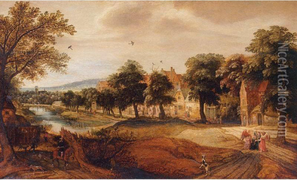 Abraham Meeting The Angels By A Village, An Extensive Landscape Beyond Oil Painting - Jacques Backereel