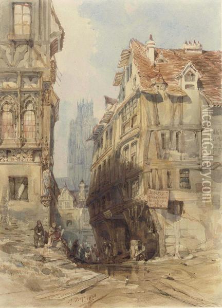 Rue Damiette, Rouen, France With The Church Of St Ouen Oil Painting - Thomas Shotter Boys