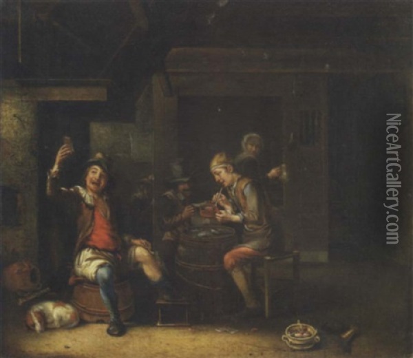 Peasants Playing Cards And Smoking In A Tavern, With A Framed Print Of A Portrait Inscribed Oranje Nassau On A Side Wall Oil Painting - Justus Juncker