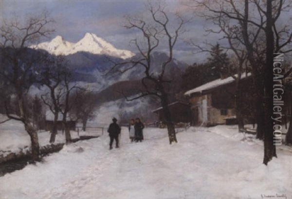 Vinterlandskab Med Personer Og Sneklaedte Bjerge, Antagelig Naeer Munchen Oil Painting - Anders Andersen-Lundby