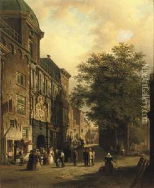 Daily Activities Near The Groothoofdspoort, Dordrecht Oil Painting - Elias Pieter van Bommel