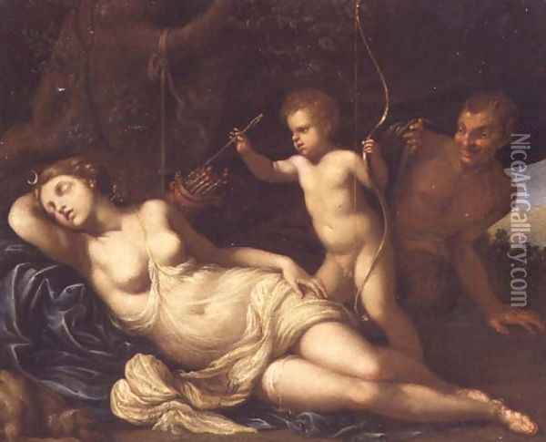 The sleeping Diana surprised by Cupid and a Satyr Oil Painting - Giovanni Gioseffo da Sole