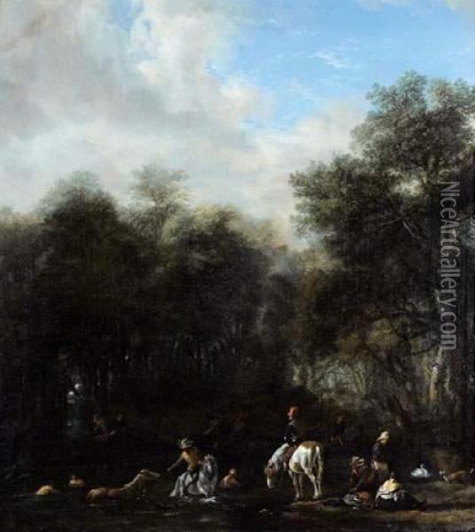 Pecheurs Et Cavaliers Se Baignant Dans Un Lac En Bordure De Foret Oil Painting - Pieter Wouwermans or Wouwerman