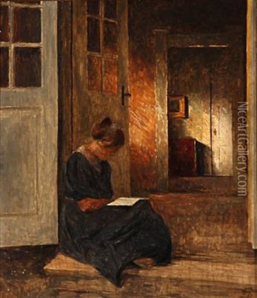 I Havedoren (reading In The Garden Door) Oil Painting - Peter Vilhelm Ilsted