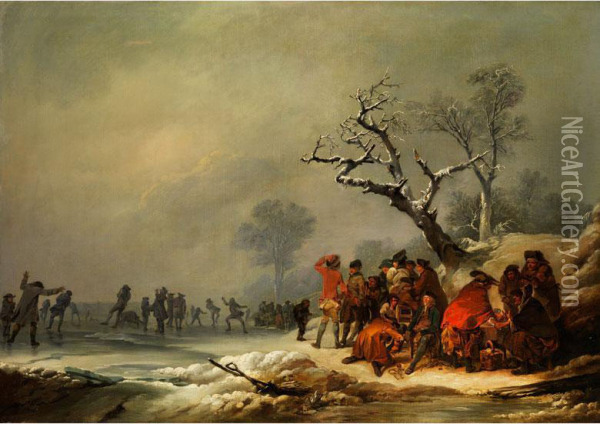Rastende Gesellschaft Bei Winterlichem Eisvergnugen Oil Painting - Philip Jacques de Loutherbourg