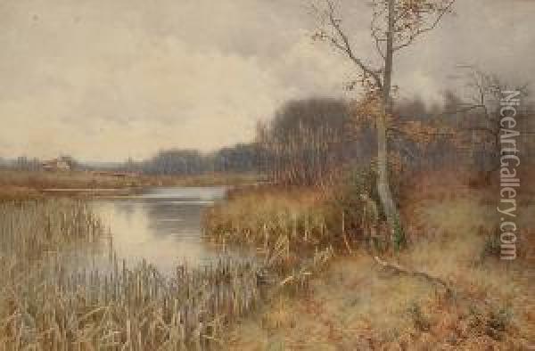 A Figure Fishing In An Autumnal Landscape Oil Painting - Mary S. Hagarty