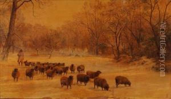 Sheep And Shepherdin A Snowy Winter Landscape Oil Painting - Charles Jones