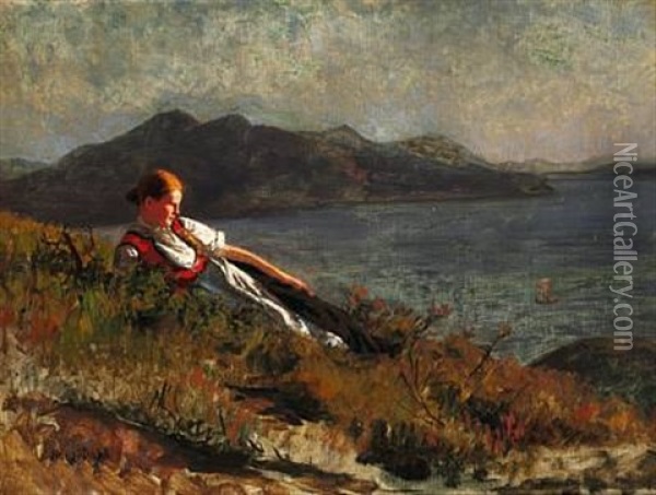 Young Norwegian Girl Laying In The Sunset On The Slopes Of A Fjord Oil Painting - Hans Dahl