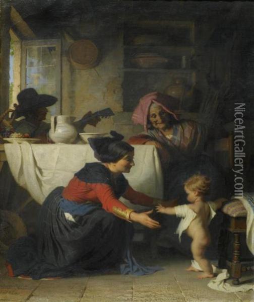 Les Premiers Pas. 1854 Oil Painting - Jacques Alfred Van Muyden