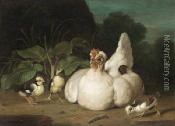 A Hen And Chicks In A Landscape Oil Painting - Jacob Samuel Beck