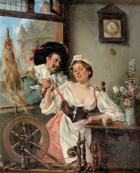 Die Umworbene Spinnerin Oil Painting - Gabriel Guerin