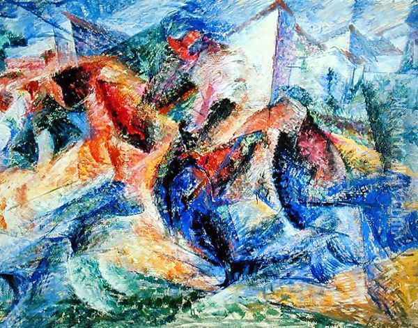 Horse and Rider and Buildings, 1914 Oil Painting - Umberto Boccioni