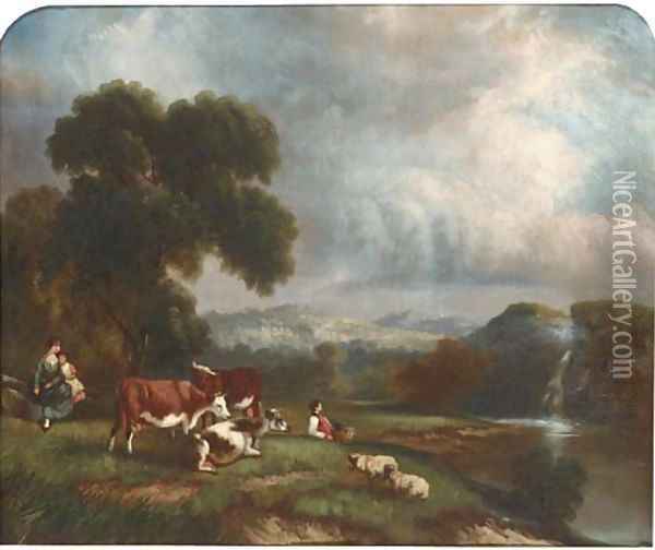 Cattle watering in a wooded landscape; and Figures resting by a waterfall with cattle and sheep Oil Painting - English School