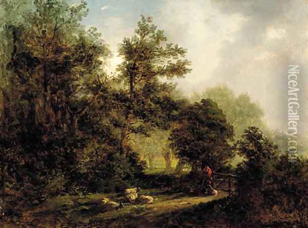 A forest scene with a shepherd, his dog and flock of sheep Oil Painting - Alexander Nasmyth