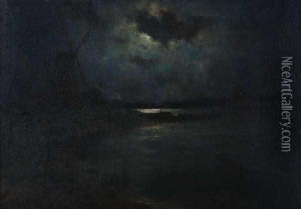 Nachtgezicht Over De Schelde Met Aangemeerde Sloepen Nabij Windmolen Oil Painting - Romain Steppe