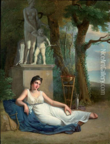 Une Muse Au Pied De La Statue De Venus Et De L'amour Oil Painting - Jean-Baptiste Lecoeur
