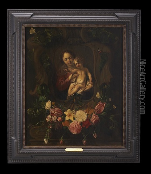 Virgin And Child In A Cartouche With Flowers And Butterflies Oil Painting - Daniel Seghers