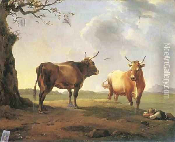 An extensive Italianate landscape at dusk with a shepherd sleeping beside a bull and a cow Oil Painting - Hendrik Voogd