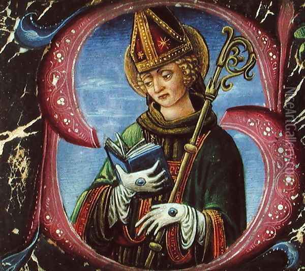 Historiated initial S depicting a Bishop Saint, c.1470 Oil Painting - Francesco di Giovanni de Russi