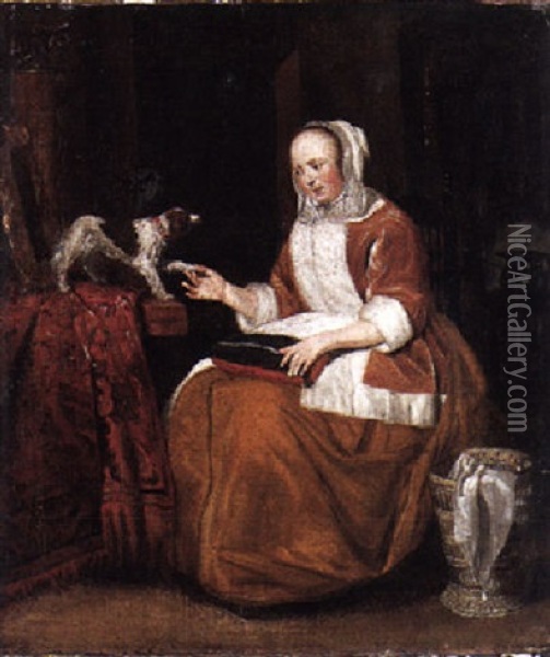 A Woman In An Interior With Her Dog Oil Painting - Gabriel Metsu