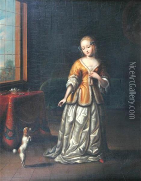 A Young Lady With A Playful Dog In An Interior Oil Painting - Caspar Netscher