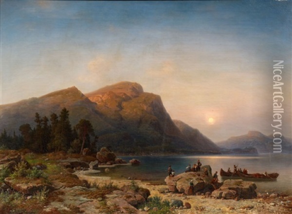 Sunset On The Banks Of A Mountain Lake Oil Painting - Heinrich Steinike