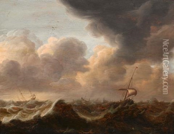 Ships On A Storm-tossed Sea Oil Painting - Pieter Van Der Croos