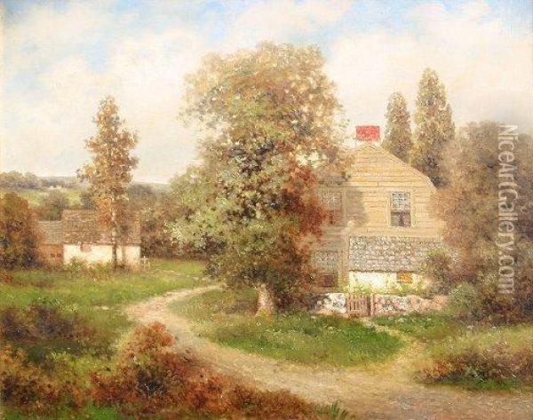 Cottages By The River Oil Painting - Milton H. Lowell