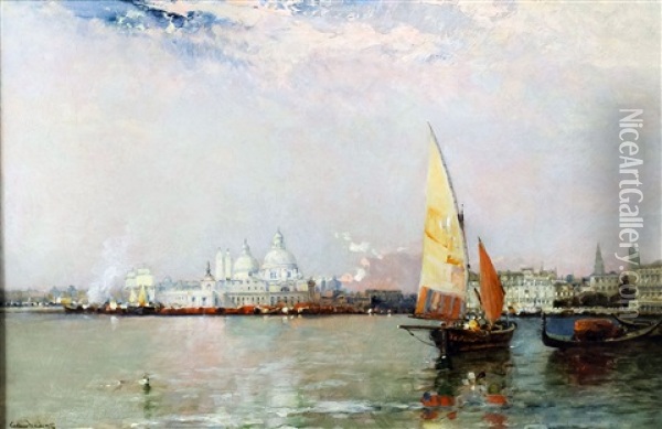 View Of Venice From The Lagoon With Sailing Boat And Gondola To Foreground Oil Painting - Arthur Joseph Meadows