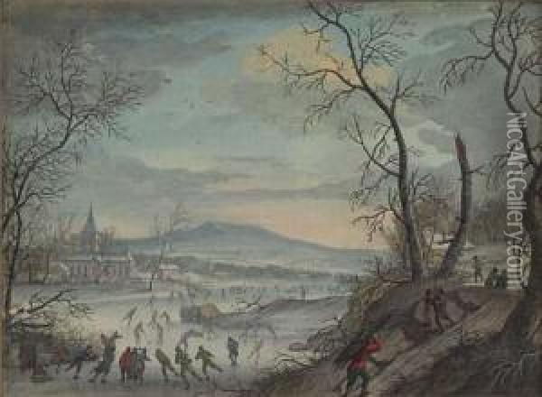 Winter Landscape With Ice Skaters On A Lake Oil Painting - Louis Chalon