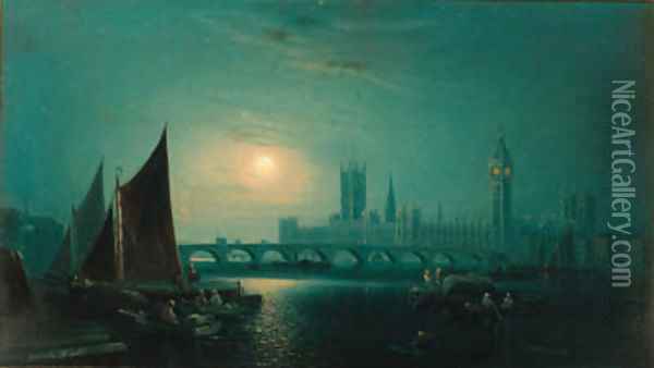 A moonlight view of the Thames, Westminster Oil Painting - Ansdele Smythe