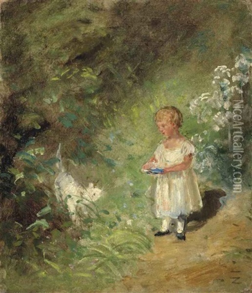 A Child In A Garden With A Dog, Probably One Of The Artist's Sons, The Young John Charles Constable Or Charles Golding Constable (study) Oil Painting - John Constable