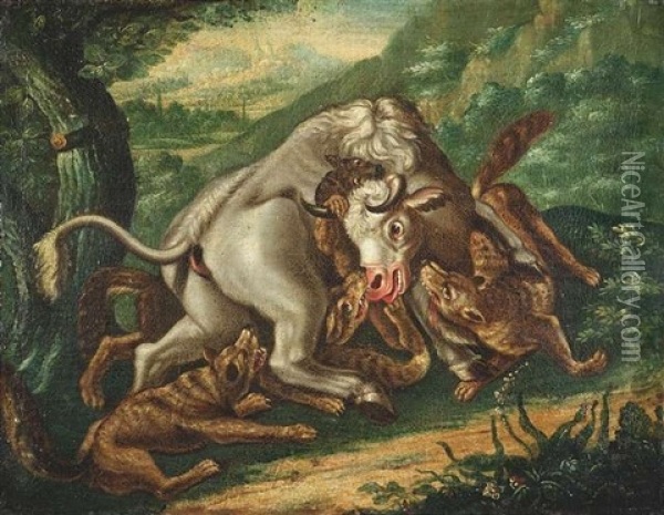 Wolfe, Einen Stier Angreifend Oil Painting - Roelandt Savery