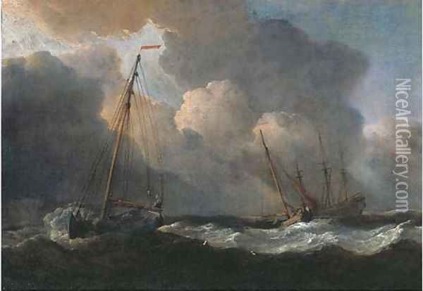 English fishing smacks at sea in a gale Oil Painting - Willem van de Velde the Younger