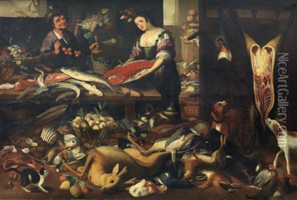 Marktstuck Mit Einer Magd Und Hunden (+ Marktstuck Mit Einem Paar; Pair) Oil Painting - Jan van Kessel the Elder