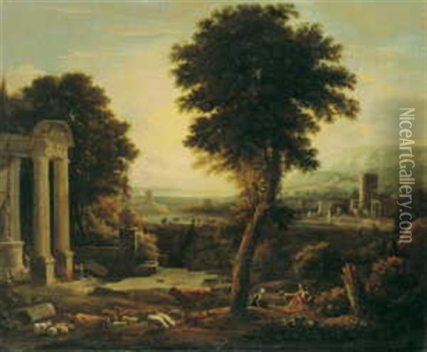 Arkadische Landschaft Mit Einer Tempelruine Und Hirtenstaffage Oil Painting - Nicolas Poussin