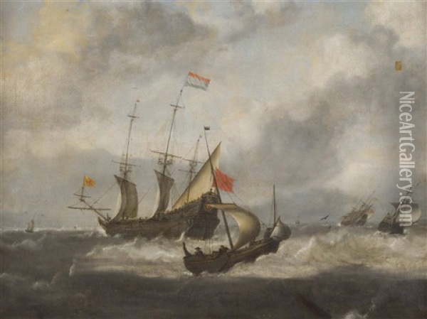 Dutch Shipping In Rough Seas Oil Painting - Hendrick Van Anthonissen
