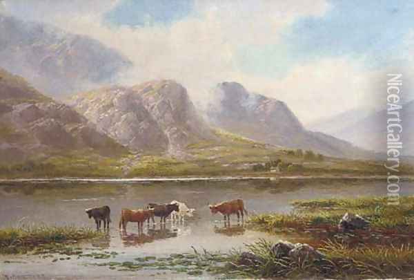 Cattle in a Highland landscape; and Cattle watering Oil Painting - Thomas Seymour