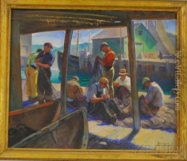 Mending The Nets On The Wharf Oil Painting - Christopher R. Wynne Nevinson
