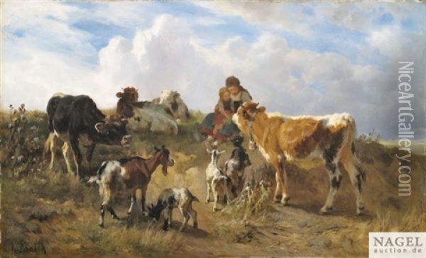 Hirtenidyll Auf Sommerlicher Weide Mit Kuhen Und Ziegen Oil Painting - Anton Braith