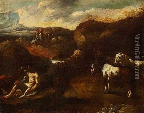 Klassisk Landskab Med Hyrde Samt Heste Oil Painting - Domenico Brandi